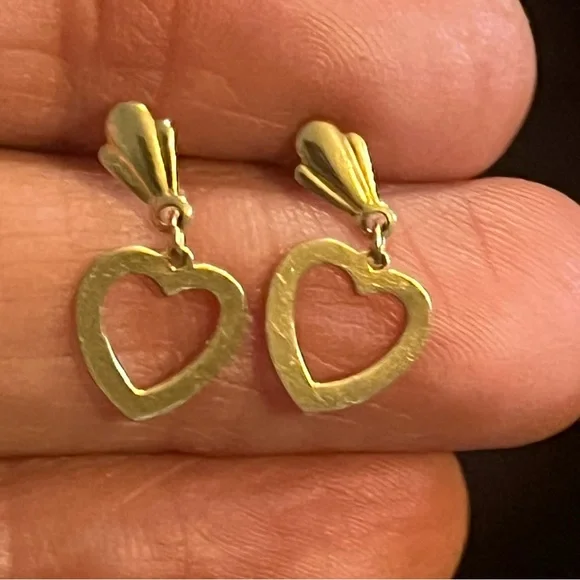 14K Gold open Heart Drop Earrings vintage original backs - Picture 7 of 7